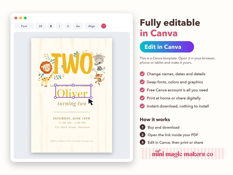 May include: A digital birthday invitation template featuring a cream background with a wood grain texture, yellow text reading TWO, and illustrations of a lion, giraffe, monkey, and elephant. The name Oliver is highlighted in a text box.
