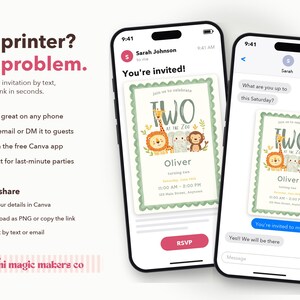 May include: Two smartphones display a digital birthday invitation for a child named Oliver turning two at the zoo. The invitation features illustrations of a giraffe, lion, elephant, and monkey, with text details for the event date, time, and location.