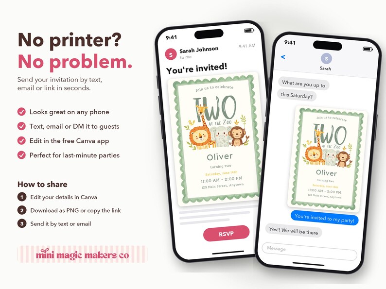 May include: Two smartphones display a digital birthday invitation for a child named Oliver turning two at the zoo. The invitation features illustrations of a giraffe, lion, elephant, and monkey, with text details for the event date, time, and location.