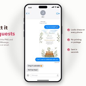 May include: A smartphone displaying an iMessage conversation with a digital invitation featuring a globe, stacked vintage suitcases, and greenery. The invitation text reads The Adventure Begins, Maddison Johnson, and RSVP details.