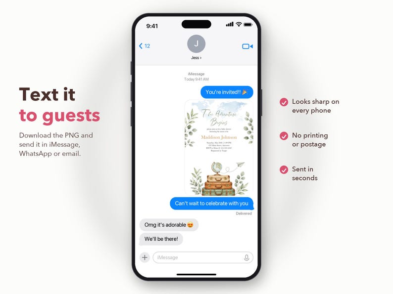 May include: A smartphone displaying an iMessage conversation with a digital invitation featuring a globe, stacked vintage suitcases, and greenery. The invitation text reads The Adventure Begins, Maddison Johnson, and RSVP details.