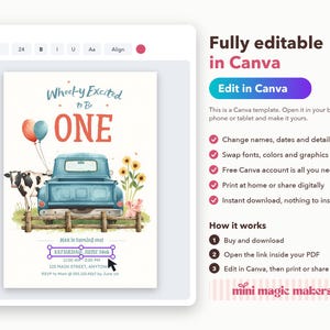 May include: A digital birthday invitation template featuring a blue pickup truck, a cow, a pig, and sunflowers. The text reads Wheel-y Excited to Be ONE, Max is turning one, SATURDAY, JUNE 14th, 11:00 AM - 2:00 PM, 123 MAIN STREET, ANYTOWN, RSVP to Mom @ 555.123.4567 by June 1st.