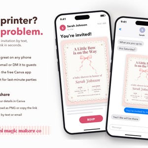 Puede incluir: Dos tel&eacute;fonos inteligentes muestran una invitaci&oacute;n digital para baby shower con un gr&aacute;fico de lazo rosa y el texto A Little Bow is on the Way. La invitaci&oacute;n incluye campos para fecha, ubicaci&oacute;n, el nombre Sarah Johnson y un bot&oacute;n RSVP.