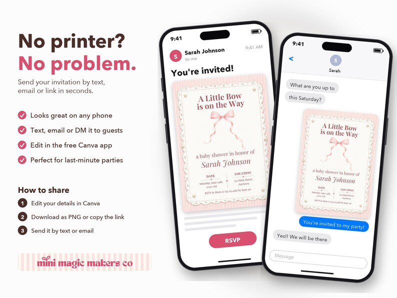 Puede incluir: Dos tel&eacute;fonos inteligentes muestran una invitaci&oacute;n digital para baby shower con un gr&aacute;fico de lazo rosa y el texto A Little Bow is on the Way. La invitaci&oacute;n incluye campos para fecha, ubicaci&oacute;n, el nombre Sarah Johnson y un bot&oacute;n RSVP.