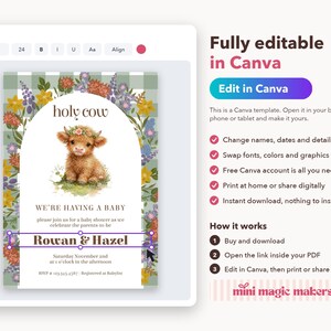 Highland Cow Baby Shower Invitation – Rustic Farm, Editable Canva Template (Digital Download) image 3
