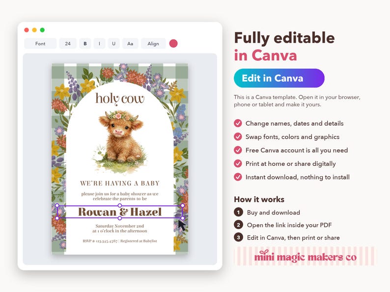 Highland Cow Baby Shower Invitation – Rustic Farm, Editable Canva Template (Digital Download) image 3