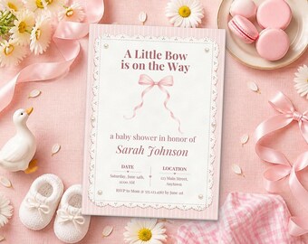 May include: A rectangular baby shower invitation card with a pink striped border and a white center featuring a pink bow illustration. The text reads A Little Bow is on the Way, a baby shower in honor of Sarah Johnson, with date, location, and RSVP details.