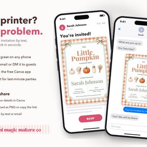 May include: Two smartphones display a digital baby shower invitation with orange gingham borders, pumpkin illustrations, and the text 'Our Little Pumpkin is almost here' for Sarah Johnson, alongside instructional text about digital sharing.