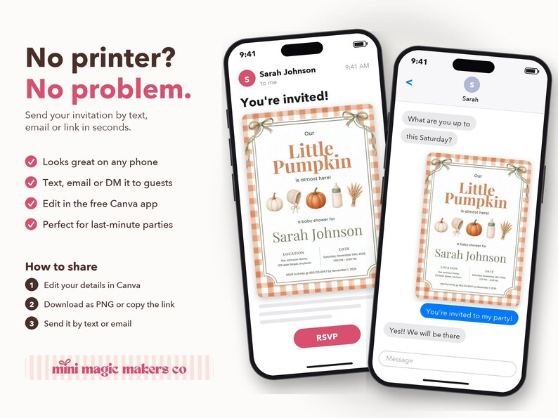 May include: Two smartphones display a digital baby shower invitation with orange gingham borders, pumpkin illustrations, and the text 'Our Little Pumpkin is almost here' for Sarah Johnson, alongside instructional text about digital sharing.