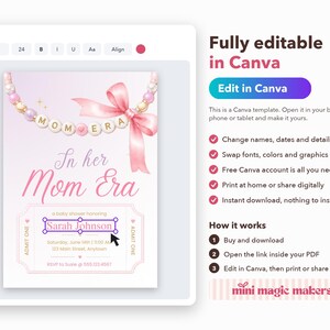 Puede incluir: Una plantilla de invitaci&oacute;n digital para baby shower con un esquema de colores rosa y blanco. El dise&ntilde;o incluye un gr&aacute;fico de collar de cuentas con el texto "MOM ERA" y un lazo rosa. El texto de la invitaci&oacute;n dice "In her Mom Era" y "Sarah Johnson".