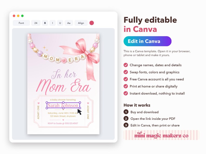 Puede incluir: Una plantilla de invitaci&oacute;n digital para baby shower con un esquema de colores rosa y blanco. El dise&ntilde;o incluye un gr&aacute;fico de collar de cuentas con el texto "MOM ERA" y un lazo rosa. El texto de la invitaci&oacute;n dice "In her Mom Era" y "Sarah Johnson".