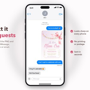Puede incluir: Una pantalla de smartphone que muestra una conversaci&oacute;n de iMessage. El mensaje contiene una invitaci&oacute;n digital con tem&aacute;tica rosa, con un collar de perlas, un lazo y el texto In her Mom Era, seguido de los detalles del evento de Sarah Johnson.