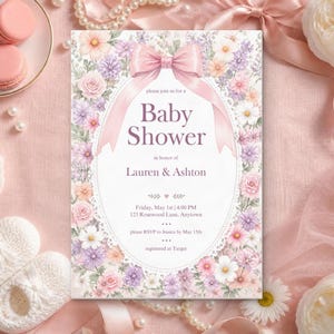 Floral Bow Baby Shower Invitation, Editable Canva Template, Pink Bow Girl Baby Shower Invite, Ditsy Wildflower Lace Oval, Instant Download image 1