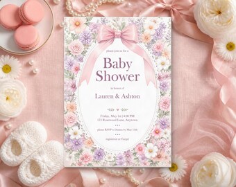 Floral Bow Baby Shower Invitation, Editable Canva Template, Pink Bow Girl Baby Shower Invite, Ditsy Wildflower Lace Oval, Instant Download