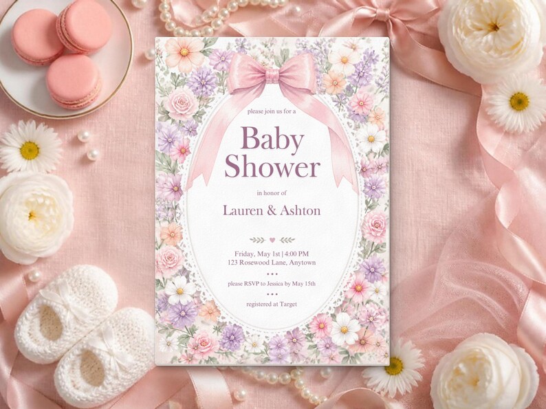 Floral Bow Baby Shower Invitation, Editable Canva Template, Pink Bow Girl Baby Shower Invite, Ditsy Wildflower Lace Oval, Instant Download image 1
