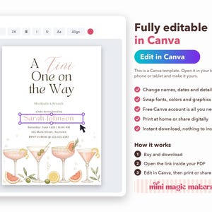 May include: A digital baby shower invitation template featuring the text A Tini One on the Way, Mocktails & Brunch, and Sarah Johnson. The design includes four illustrated cocktail glasses with pink drinks, grapefruit slices, and olives.