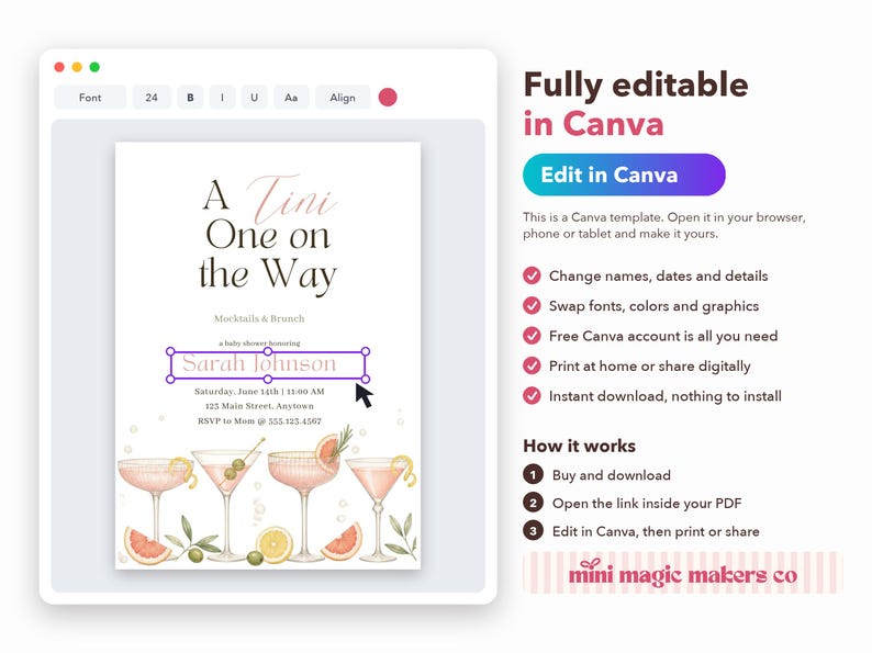 May include: A digital baby shower invitation template featuring the text A Tini One on the Way, Mocktails & Brunch, and Sarah Johnson. The design includes four illustrated cocktail glasses with pink drinks, grapefruit slices, and olives.