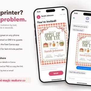 May include: Two smartphones display a digital baby shower invitation with a red gingham border and the text Apple of Our Eye. The invitation features illustrations of apples, a bonnet, a honey jar, a bottle, and a basket. Text includes Sarah Johnson, date, time, and location details.