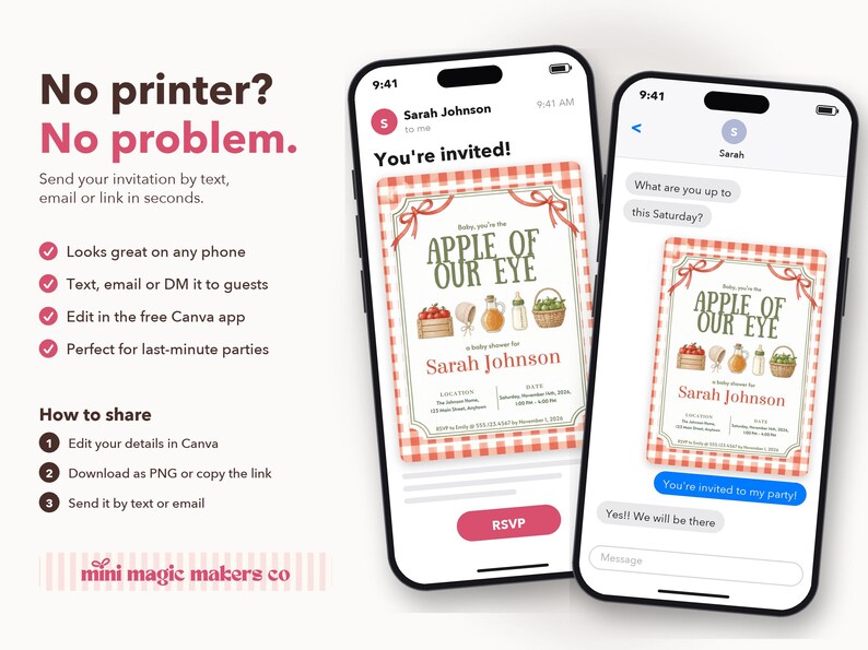 May include: Two smartphones display a digital baby shower invitation with a red gingham border and the text Apple of Our Eye. The invitation features illustrations of apples, a bonnet, a honey jar, a bottle, and a basket. Text includes Sarah Johnson, date, time, and location details.