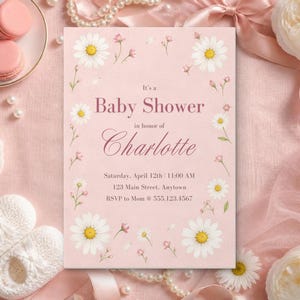 Daisy Baby Shower Invitation, Editable Canva Template, It's a Baby Shower Pink Daisy Invite, Girl Shower, Spring Floral, Instant Download