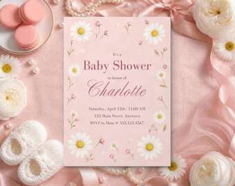 Daisy Baby Shower Invitation, Editable Canva Template, It's a Baby Shower Pink Daisy Invite, Girl Shower, Spring Floral, Instant Download