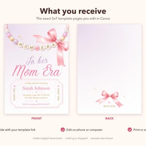 Puede incluir: Una plantilla de invitaci&oacute;n digital de 5x7 con un fondo degradado morado claro. El frente muestra un collar de cuentas con el texto 'In her Mom Era' y 'Sarah Johnson'. El reverso presenta un lazo rosa y el texto 'WITH LOVE'.