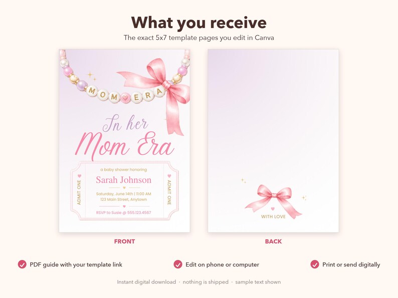 Puede incluir: Una plantilla de invitaci&oacute;n digital de 5x7 con un fondo degradado morado claro. El frente muestra un collar de cuentas con el texto 'In her Mom Era' y 'Sarah Johnson'. El reverso presenta un lazo rosa y el texto 'WITH LOVE'.