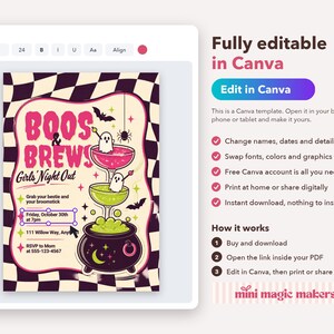 Pu&ograve; includere: Un modello di volantino digitale con uno sfondo a scacchi bianco e nero e il testo Boos & Brews Girls' Night Out. Il design include illustrazioni di un calderone nero, due bicchieri da cocktail, fantasmi, pipistrelli e un ragno.