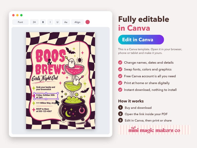 Pu&ograve; includere: Un modello di volantino digitale con uno sfondo a scacchi bianco e nero e il testo Boos & Brews Girls' Night Out. Il design include illustrazioni di un calderone nero, due bicchieri da cocktail, fantasmi, pipistrelli e un ragno.