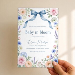 Baby in Bloom Baby Shower Invitation, Editable Canva Template, Wildflower Garden Party Shower Invite, Blue Bow Floral, Instant Download image 2