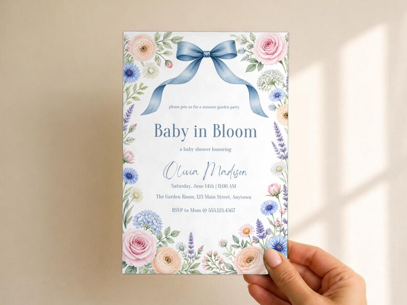 Baby in Bloom Baby Shower Invitation, Editable Canva Template, Wildflower Garden Party Shower Invite, Blue Bow Floral, Instant Download image 2