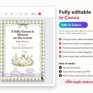 Silly Goose Baby Shower Invitation, Editable Canva Template, Sage Gingham Goose Shower Invite, Silly Goose on the Loose, Instant Download image 3