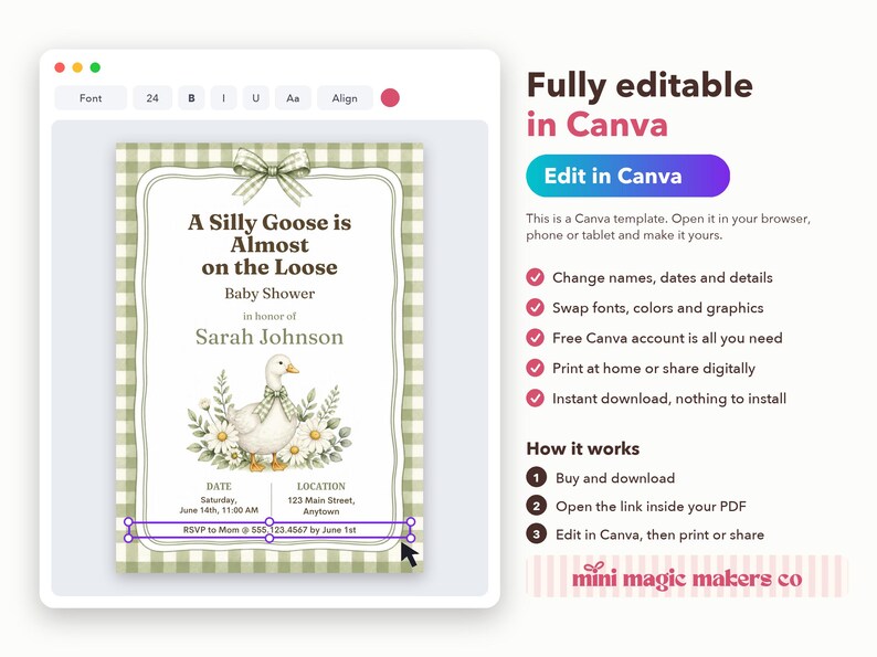 Silly Goose Baby Shower Invitation, Editable Canva Template, Sage Gingham Goose Shower Invite, Silly Goose on the Loose, Instant Download image 3