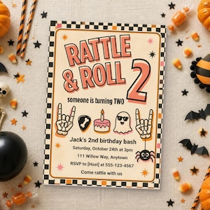 Può includere: Un biglietto d'invito di compleanno rettangolare con un bordo a scacchi bianco e nero. Il testo recita RATTLE & ROLL 2, someone is turning TWO, Jack's 2nd birthday bash, Saturday, October 24th at 3pm, 111 Willow Way, Anytown, RSVP to 555-123-4567.