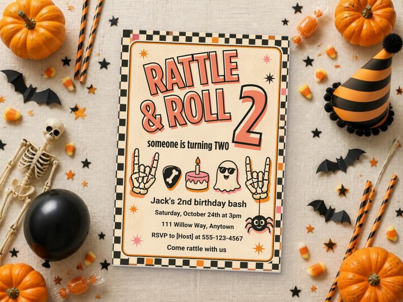 Puede incluir: Una tarjeta de invitaci&oacute;n de cumplea&ntilde;os rectangular con un borde a cuadros blanco y negro. El texto dice RATTLE & ROLL 2, someone is turning TWO, Jack's 2nd birthday bash, Saturday, October 24th at 3pm, 111 Willow Way, Anytown, RSVP to 555-123-4567.