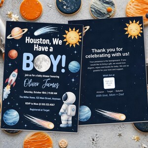 Houston We Have a Boy Baby Shower Invitation, Editable Canva Template, Space Baby Shower Invite, Astronaut Moon Planets, Instant Download image 6
