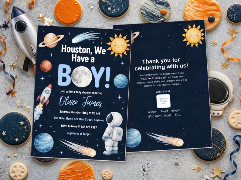 Houston We Have a Boy Baby Shower Invitation, Editable Canva Template, Space Baby Shower Invite, Astronaut Moon Planets, Instant Download image 6