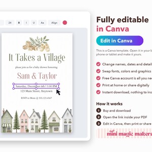 It Takes a Village Baby Shower Invitation, Editable Canva Template, Gender Neutral Shower Invite, Watercolor Houses, Instant Download image 5