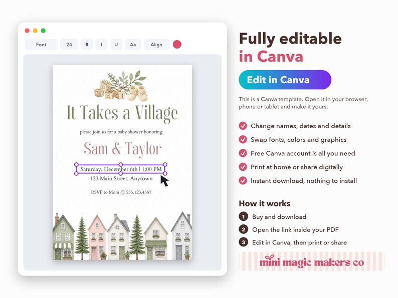 It Takes a Village Baby Shower Invitation, Editable Canva Template, Gender Neutral Shower Invite, Watercolor Houses, Instant Download image 5