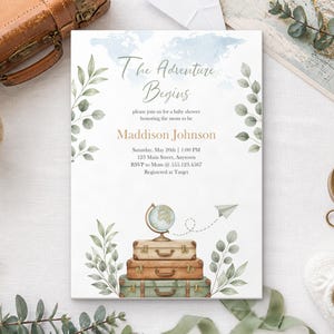 The Adventure Begins Baby Shower Invitation, Editable Canva Template, Travel Baby Shower Invite, Suitcase Globe, Neutral, Instant Download