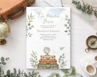 The Adventure Begins Baby Shower Invitation, Editable Canva Template, Travel Baby Shower Invite, Suitcase Globe, Neutral, Instant Download