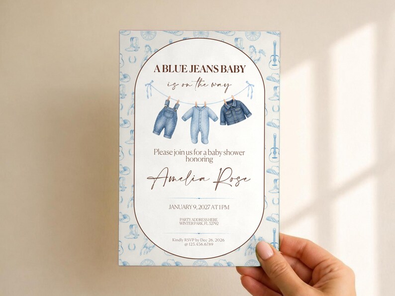 Blue Jean Baby Shower Invitation | Denim Theme, Editable Canva Template (Digital Download) image 2