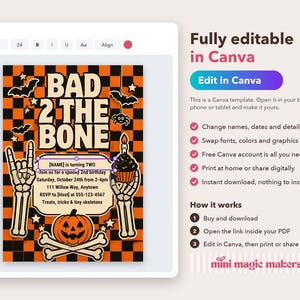Peut inclure: Un mod&egrave;le d'invitation d'anniversaire num&eacute;rique avec un fond &agrave; carreaux noir et orange et le texte BAD 2 THE BONE. Le design comprend des mains squelettiques, une citrouille, un cupcake, des chauves-souris et une araign&eacute;e, avec des zones de texte modifiables.