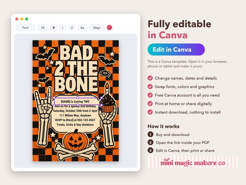 Peut inclure: Un mod&egrave;le d'invitation d'anniversaire num&eacute;rique avec un fond &agrave; carreaux noir et orange et le texte BAD 2 THE BONE. Le design comprend des mains squelettiques, une citrouille, un cupcake, des chauves-souris et une araign&eacute;e, avec des zones de texte modifiables.