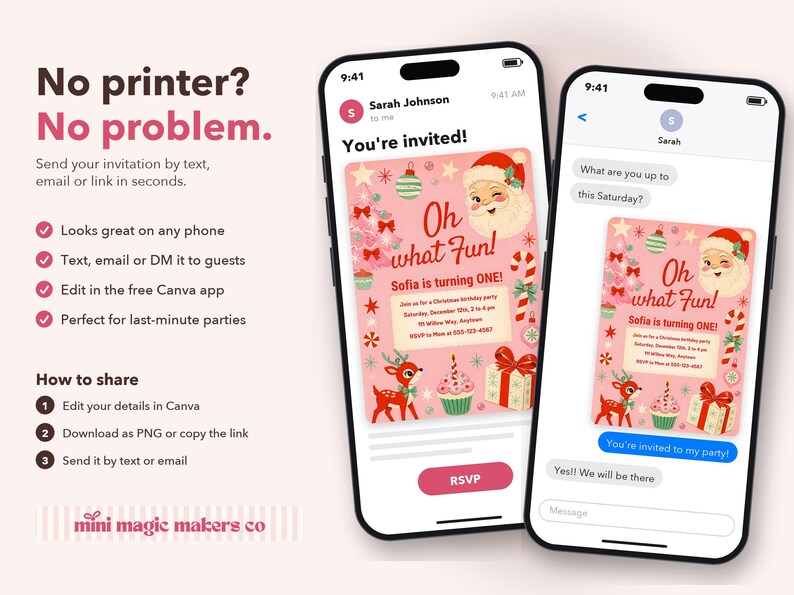 Puede incluir: Dos tel&eacute;fonos inteligentes muestran una invitaci&oacute;n de cumplea&ntilde;os digital con tem&aacute;tica navide&ntilde;a para el primer cumplea&ntilde;os de Sofia. La invitaci&oacute;n rosa presenta a Santa Claus, un reno, un cupcake y regalos con el texto Oh what Fun! y Sofia is turning ONE!