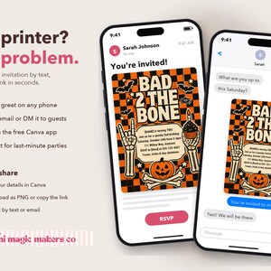 Peut inclure: Deux smartphones affichent une invitation d'anniversaire num&eacute;rique avec un fond &agrave; carreaux noir et orange, le texte BAD 2 THE BONE, des mains squelettiques, une citrouille et un cupcake. L'&eacute;cran pr&eacute;sente les d&eacute;tails et les options RSVP.
