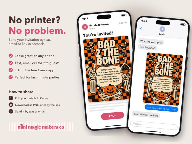 Peut inclure: Deux smartphones affichent une invitation d'anniversaire num&eacute;rique avec un fond &agrave; carreaux noir et orange, le texte BAD 2 THE BONE, des mains squelettiques, une citrouille et un cupcake. L'&eacute;cran pr&eacute;sente les d&eacute;tails et les options RSVP.