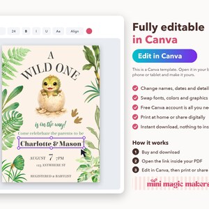 May include: A digital baby shower invitation template featuring a baby dinosaur hatching from an egg, surrounded by green tropical leaves. The text reads A WILD ONE is on the way, Charlotte & Mason, August 7, 7PM, 123 ANYWHERE ST.