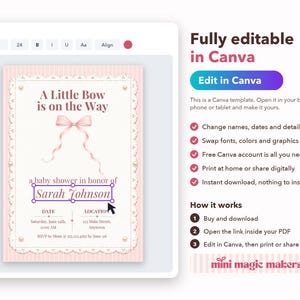 Puede incluir: Una plantilla de invitaci&oacute;n digital para baby shower con fondo rosa claro, borde de encaje blanco, un gr&aacute;fico de lazo rosa y el texto A Little Bow is on the Way. El dise&ntilde;o incluye campos editables para nombres, fechas y ubicaciones.