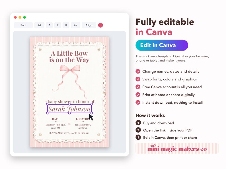 Puede incluir: Una plantilla de invitaci&oacute;n digital para baby shower con fondo rosa claro, borde de encaje blanco, un gr&aacute;fico de lazo rosa y el texto A Little Bow is on the Way. El dise&ntilde;o incluye campos editables para nombres, fechas y ubicaciones.